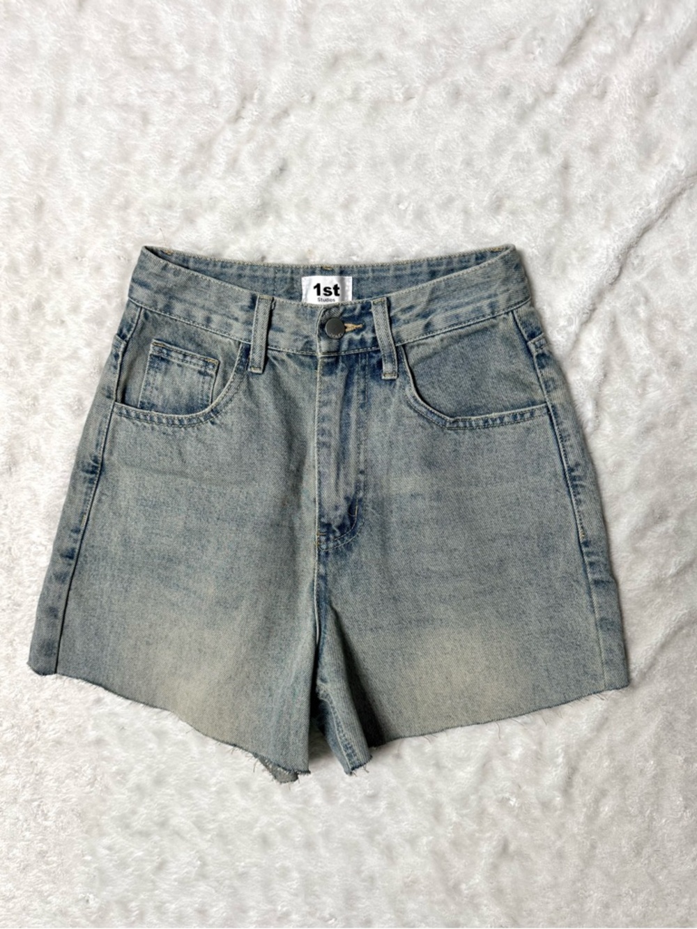1st Studios Vintage Washed Light Blue Denim Relaxed High Waisted Cut Off Shorts